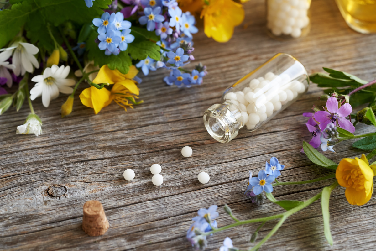 Homeopathic globules with various herbs and flowers